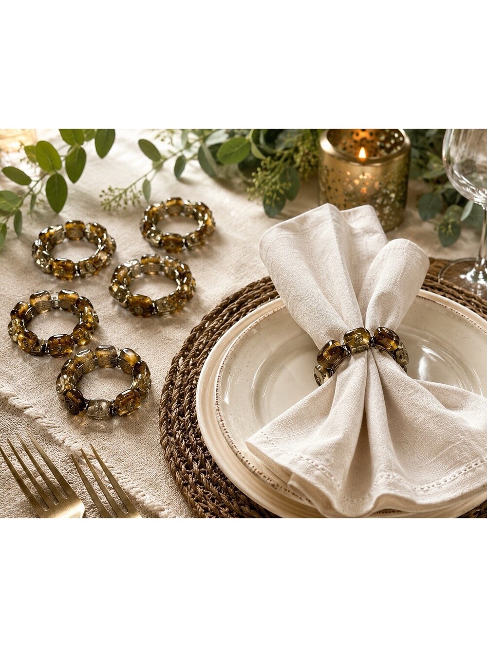 Amber Tone Beaded Napkin Rings Set of 6 Wire Wrapped Glass Look Pre-Owned